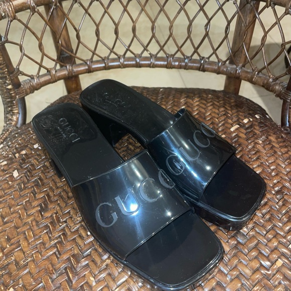 Gucci Shoes - Gucci Black Rubber Slide Sandals Platform Block Heel Logo Women Size 9 Preowned
